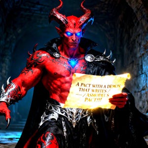 Può includere: Un demone rosso con corna e occhi blu luminosi tiene in mano una pergamena con il testo "A Pact With A Demon That Writes / -/ASMODELS PACT!!!". Il demone indossa un mantello nero e un'armatura argentata, in un corridoio di pietra.