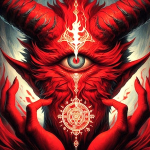 Puede incluir: Ilustración digital de una figura demoníaca roja con cuernos y manos. La figura tiene un solo ojo azul y símbolos blancos brillantes. El fondo es una mezcla de azul y blanco.