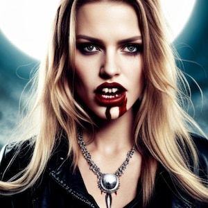Może przedstawiać: Kobieta z długimi blond włosami w czarnej skórzanej kurtce i srebrnym naszyjniku z dużym wisiorem. Ma czerwoną szminkę i krew kapie jej z ust.