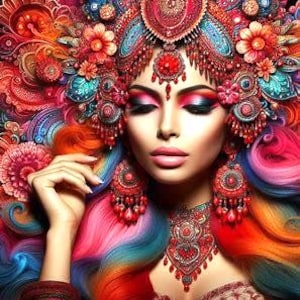 Pode incluir: Imagem vibrante de uma mulher adornada com elaborados e coloridos adereços de cabeça e joias. O adereço de cabeça e os brincos apresentam designs intrincados com detalhes em vermelho e dourado. Seu cabelo é uma cascata de tons de arco-íris.