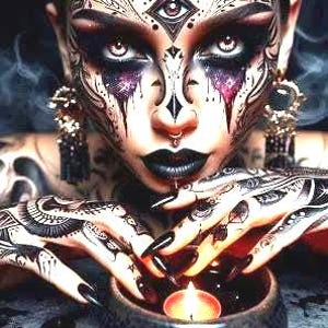 Könnte beinhalten: Nahaufnahme eines Gesichts und Hände, verziert mit komplizierten Tätowierungen und dunklem Make-up. Die Person hält eine kleine Schale mit einer brennenden Kerze, was eine mystische und künstlerische Atmosphäre erzeugt.