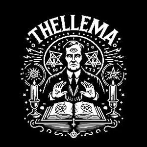 Può includere: Grafica in bianco e nero raffigurante un uomo con un terzo occhio, mani alzate e un libro aperto. La parola "THELEMA" è sopra l'uomo. Candele ai lati del libro, con stelle e simboli attorno alla figura centrale.
