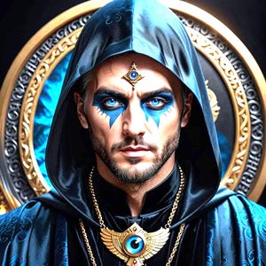 Pode incluir: Retrato de uma pessoa com maquiagem azul marcante nos olhos e uma túnica com capuz. A pessoa usa um colar de ouro com um pingente de olho azul. Um emblema dourado está na testa. O fundo apresenta um design circular dourado e azul.