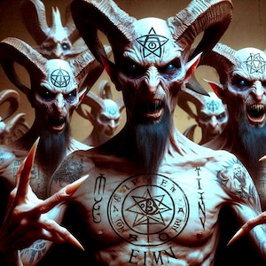 May include: A gathering of demonic figures, each with horns, tattoos, and sharp claws. They have pale skin, blue eyes, and long beards. Each figure features a pentagram symbol on their forehead and chest. The image has a dark, ominous tone.