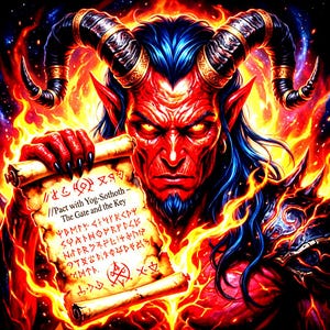 Puede incluir: Ilustración digital de un demonio rojo con cuernos, cabello azul y ojos amarillos brillantes, sosteniendo un pergamino con texto. Las llamas rodean al demonio, creando un fondo de fuego. El pergamino dice "//Pacto con Yog-Sothoth - La Puerta y la Llave."