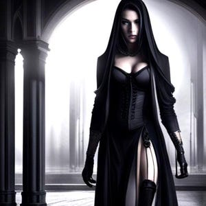 May include: A person in a black gothic outfit, featuring a long hooded cloak and a corset. The dress has a high slit, revealing a thigh-high boot. The background shows a classical architectural setting with arches and columns.