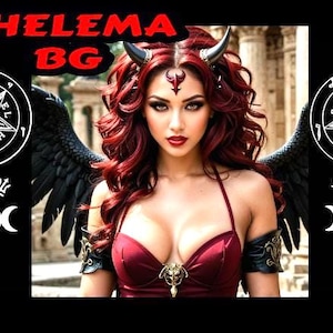 May include: An image of a woman with red hair, horns, and black wings, wearing a burgundy dress. The image includes the text "THELEMA BG" and occult symbols on a black background. The woman has a dark makeup look.