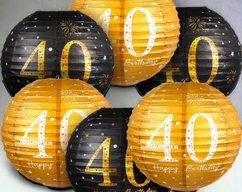 6 Pieces Black Gold Glittery Birthday Party Decorations Hanging Paper Lanterns - Anniversary Party Birthday Sign Decorations (40th Style)