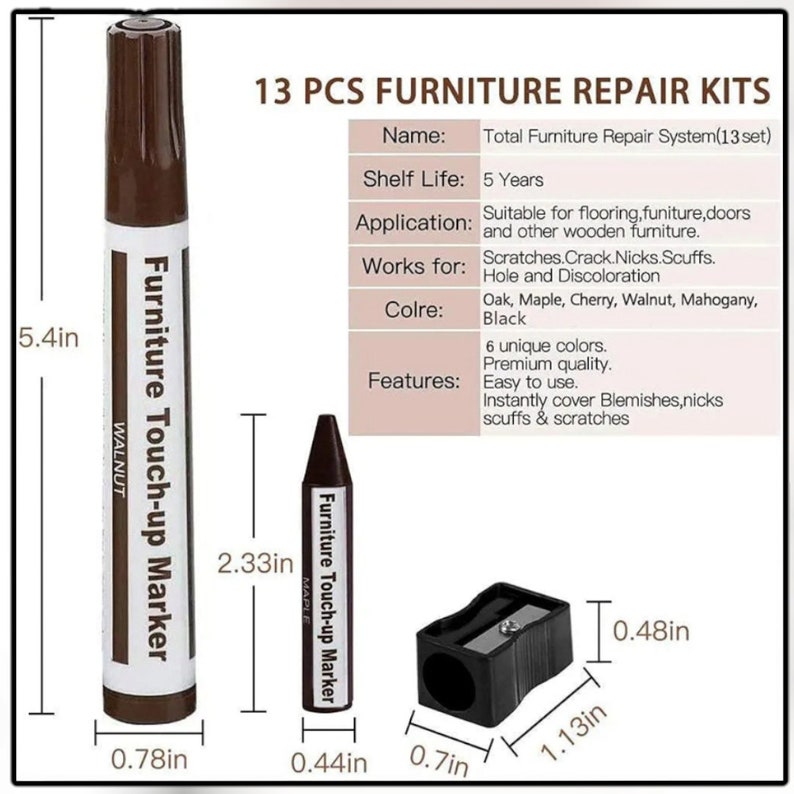 Wood Furniture Repair Kit 12-Piece Set with Markers, Wax Sticks, and Sharpener for Scratches, Stains, and Touch Ups Ideal for Floors image 2