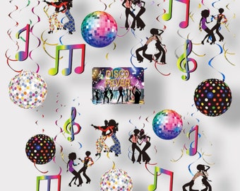 70s Disco Party Decorations Set - 53-Piece Retro Hanging Swirls & Cutouts for Boogie Fever Bash