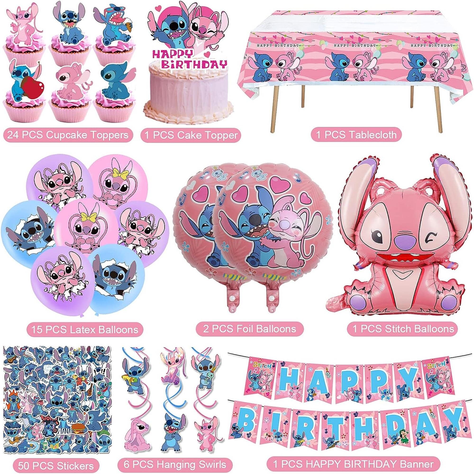  Lilo and Stitch - Suministros para fiestas, juego de 103 piezas  de decoraciones de cumpleaños que incluye pancarta, globos, calcomanías,  remolinos colgantes, adornos para cupcakes, mantel para niños y niñas,  fiesta