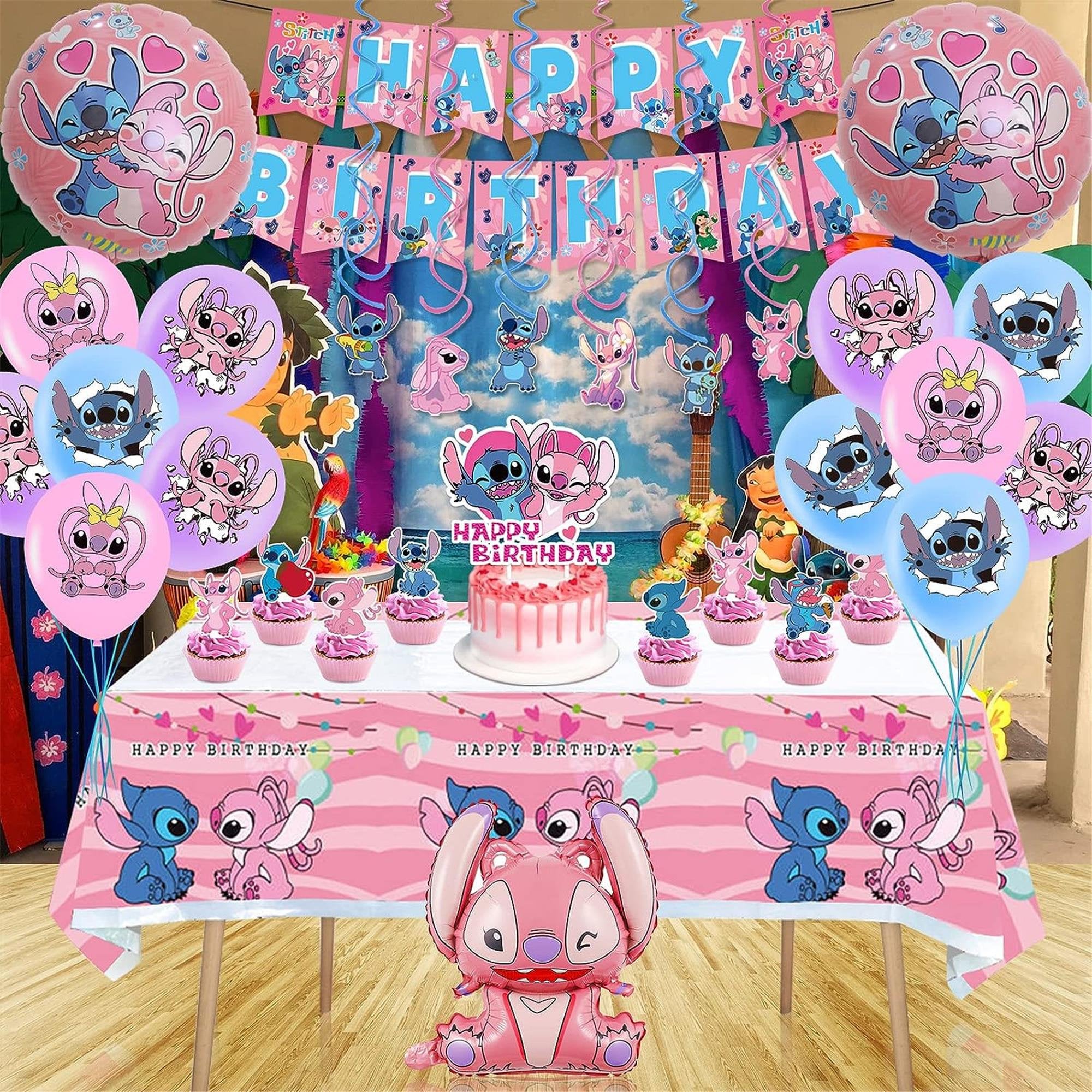 Suministros de fiesta de Lilo Stitch rosa, juego de decoraciones  de fiesta temática de Lilo Stitch rosa incluye globos de látex, pancarta de  feliz cumpleaños, decoración de pastel para decoraciones de