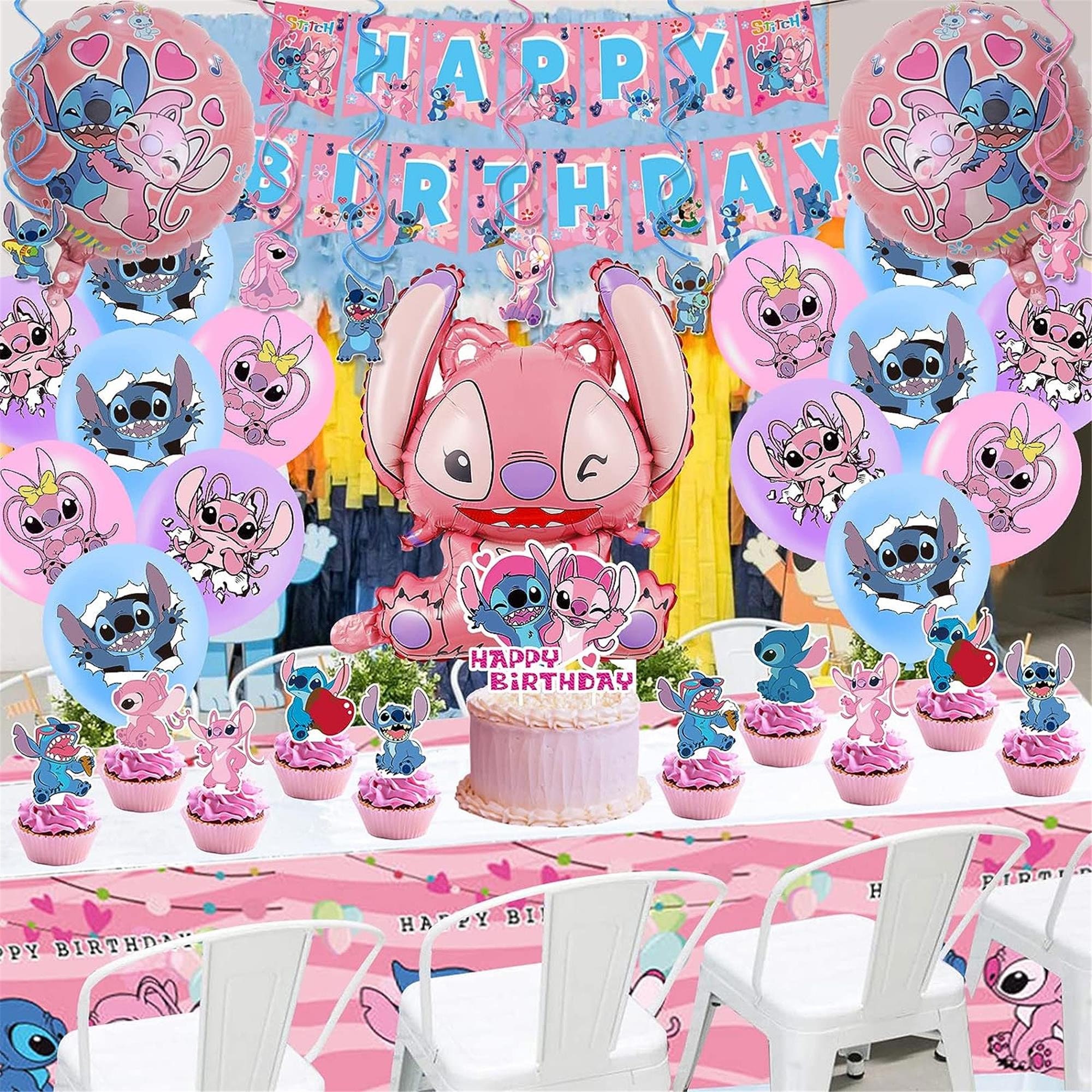 Decoración de fiesta de cumpleaños de Lilo, pancarta de cumpleaños con  puntada para decoración de tartas, globos, decoración de fiesta de  cumpleaños