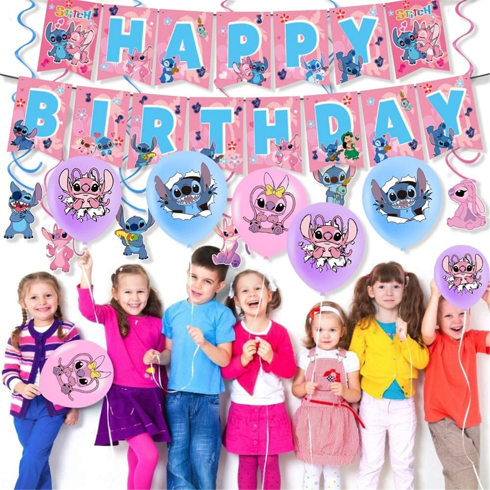  Lilo and Stitch - Suministros para fiestas, juego de 103 piezas  de decoraciones de cumpleaños que incluye pancarta, globos, calcomanías,  remolinos colgantes, adornos para cupcakes, mantel para niños y niñas,  fiesta