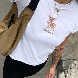 Fawn Deer Baby Tee with Pink Bow, Coquette Aesthetic, Pink Ribbon, 90s Baby Tee, Y2k Vintage Tee, Teenage Girl Gift, Pinterest Style
