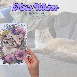 Carte de voeux florale pour chat sibérien - Jolie carte pour amoureux des chats pour les femmes, les mamans et les propriétaires de chats - Art félin élégant pour les anniversaires, les remerciements et plus encore