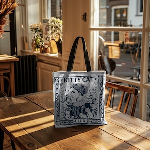 Kitty Cat Club Tote Bag – Vintage Aesthetic Cat Lover Gift, Cute Canvas Tote, Reusable Shopping Bag for Cat Owners & Retro Style Fans