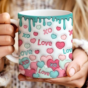 3d Inflated Valentine Hearts Mug Wrap Png, 11oz & 15oz Love Day Heart Sublimation Design, Xoxo Love Puffy Mug Wrap, Valentine&#39;s Day Mug Png