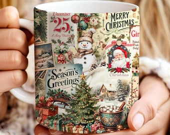 Retro Christmas Collage Mug Wrap Png, Vintage Xmas Sublimation Design For 11oz & 15oz Mug, Winter Holiday Mug Wrap Png, Xmas Coffee Mug Wrap