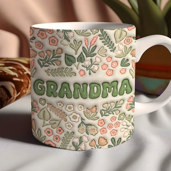 Boho Floral Grandma 3d Inflated Mug Wrap Png, Puffy Grandmother Sublimation Design for 11oz & 15oz Mugs, Mother's Day Sublimation Design Png