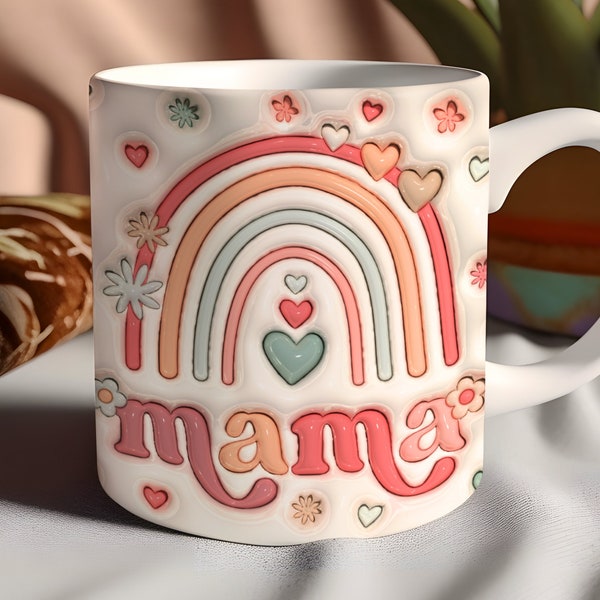 Boho Rainbow Mama 3d Inflated Mug Wrap Png, 15oz & 11oz Boho Mama Sublimation Design, Puffy Boho Mug Wrap, Mother's Day Sublimation Design