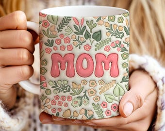 Boho Floral Mom Mug Wrap PNG: 3D Inflated Coffee Cup Sublimation Design (Digital Download)