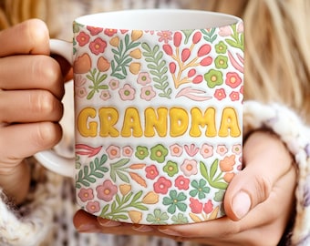 Grandma Mug Wrap PNG: 3D Floral Puffy Coffee Cup Sublimation Design (Digital Download)