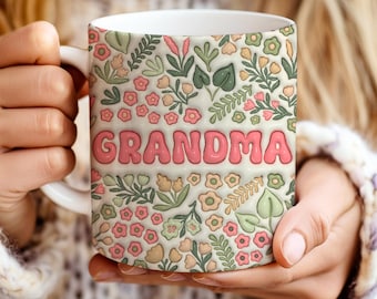 Boho Grandma Mug Wrap PNG: 11oz & 15oz 3D Puffy Floral Sublimation Design (Digital Download)