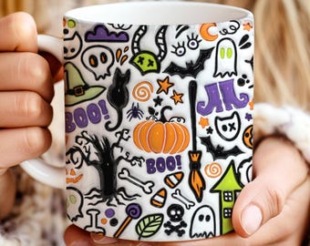 Halloween doodles 3D opgeblazen mok wrap PNG 15oz en 11oz Halloween mok sublimatie ontwerp gezwollen schattige doodles koffiekopje sjabloon Spooky Vibes