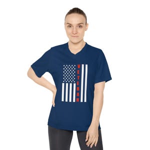 USA Flag Female Veteran Women&#39;s Performance V-Neck T-Shirt, Patriotic Tee, Military Apparel, Red White Blue Shirt, Fourth of July Top