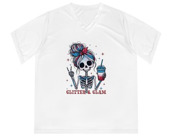 Patriotic V-Neck Workout Tee: Glitter Skeleton Messy Bun, UPF 40+