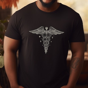 Caduceus Tee Shirt, Symbolic Shirt, Esoteric Symbol, Winged Staff, Serpent Staff, Hermes, Medical, Unique, Gift for Him, Heavy Cotton Tee
