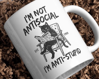 Katzen Tasse Anti Social Katzenliebhaber Geschenk Bookish Geburtstagsgeschenk Weihnachten Black Cat Buchliebhaber Kaffeetasse Katze Kater