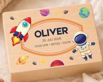 Erinnerungskiste Baby Personalisiert Erinnerungsbox Babygeschenk Geschenk zur Geburt Geschenkidee zur Taufe mit Namen Aufbewahrung Weltall