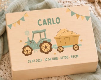 Erinnerungskiste Baby Personalisiert Erinnerungsbox Babygeschenk Geschenk zur Geburt Geschenkidee zur Taufe mit Namen Trecker Traktor Jungs
