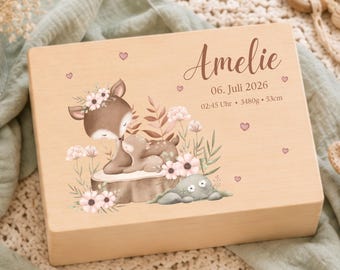 Erinnerungskiste Baby Personalisiert Erinnerungsbox Babygeschenk Geschenk zur Geburt Geschenkidee zur Taufe mit Namen Aufbewahrung Reh Baby