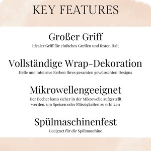 Pode incluir: Fundo bege com texto preto listando recursos do produto. O texto inclui "KEY FEATURES", "Gro&szlig;er Griff", "Vollst&auml;ndige Wrap-Dekoration", "Mikrowellengeeignet" e "Sp&uuml;lmaschinenfest".