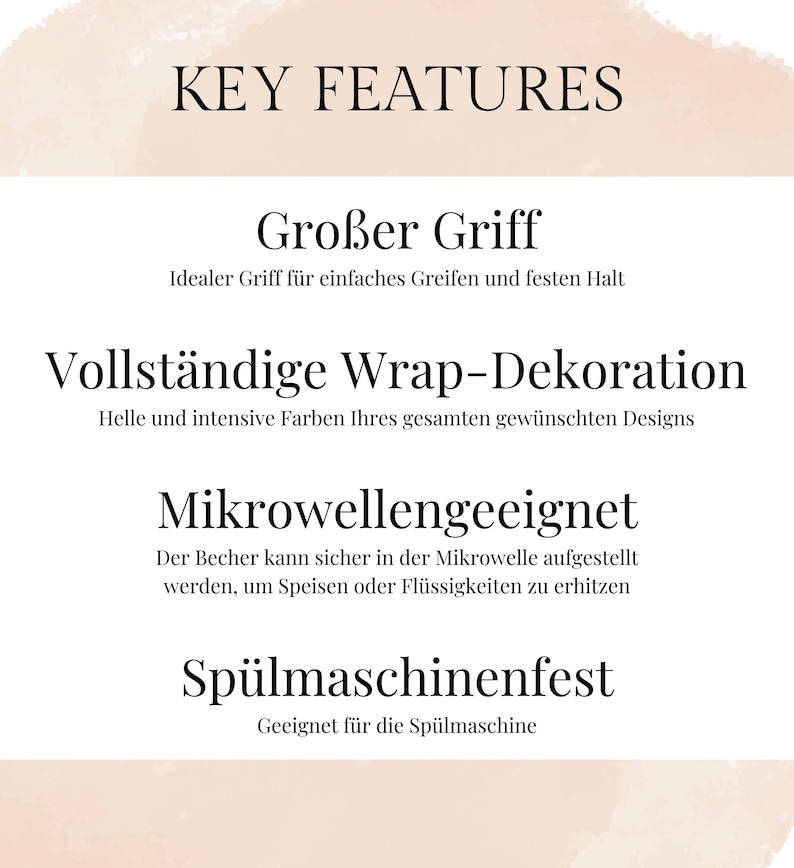 Pode incluir: Fundo bege com texto preto listando recursos do produto. O texto inclui "KEY FEATURES", "Gro&szlig;er Griff", "Vollst&auml;ndige Wrap-Dekoration", "Mikrowellengeeignet" e "Sp&uuml;lmaschinenfest".