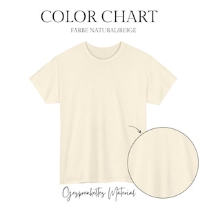 May include: A cream-colored t-shirt with a round neckline. The image includes the text "COLOR CHART" and "FARBE NATURAL/BEIGE". A close-up shows the speckled material of the shirt.