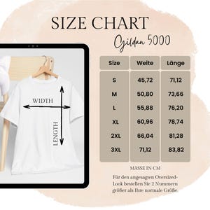 May include: Size chart for Gildan 5000 t-shirts, showing width and length measurements in inches for sizes S through 3XL. The chart also includes the text "MASSE IN CM" and instructions for ordering oversized sizes.