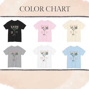 May include: Color chart showing five different t-shirt colors: black, pink, beige, grey, and light blue. Each t-shirt features a graphic of a cocktail glass with the text "Follow me to the Crew" and "01 May 2023".