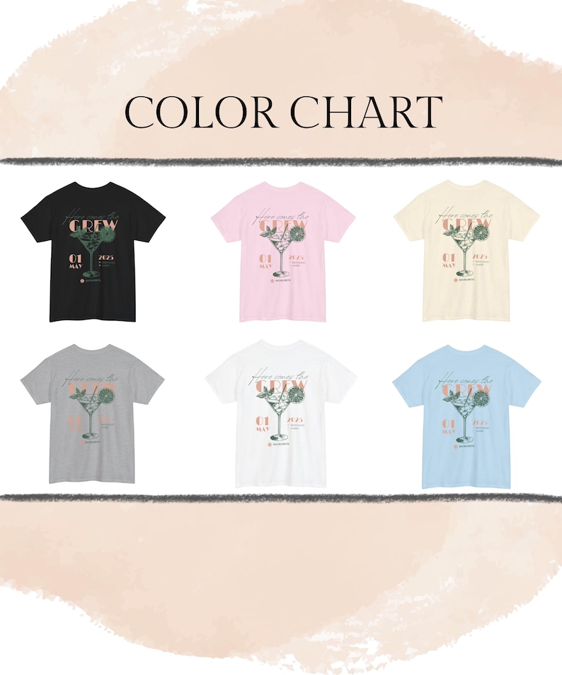 May include: Color chart showing five different t-shirt colors: black, pink, beige, grey, and light blue. Each t-shirt features a graphic of a cocktail glass with the text "Follow me to the Crew" and "01 May 2023".