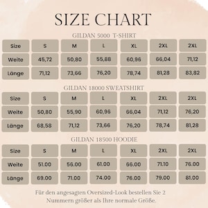 May include: A size chart for Gildan 5000 t-shirts, 18000 sweatshirts, and 18500 hoodies. The chart displays width and length measurements in centimeters for sizes S through 2XL. The text at the bottom advises ordering two sizes up for an oversized look.
