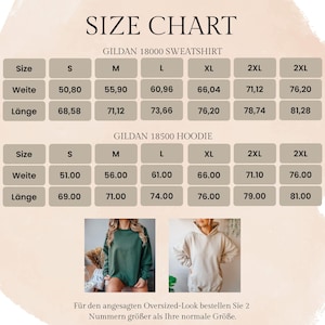 May include: Size chart for Gildan 18000 sweatshirt and 18500 hoodie. Measurements in centimetres are provided for width and length, ranging from size S to 2XL. Includes images of a green sweatshirt and a beige hoodie.