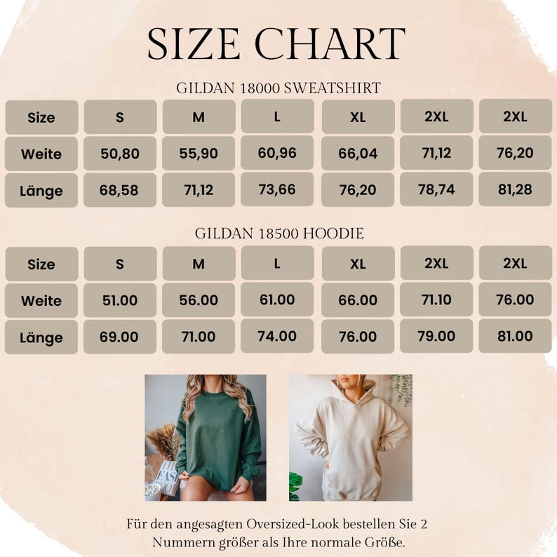 May include: Size chart for Gildan 18000 sweatshirt and 18500 hoodie. Measurements in centimetres are provided for width and length, ranging from size S to 2XL. Includes images of a green sweatshirt and a beige hoodie.