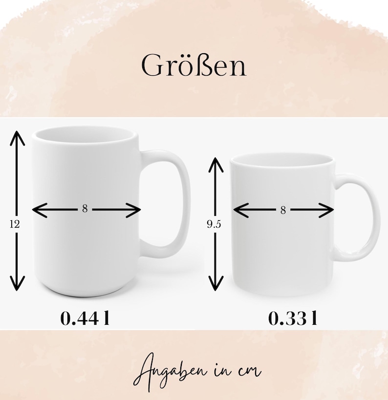 Pode incluir: Duas canecas de cer&acirc;mica branca de tamanhos diferentes s&atilde;o exibidas. A caneca maior tem 12 cm de altura e 8 cm de largura, enquanto a menor tem 9,5 cm de altura e 8 cm de largura. O texto "Gr&ouml;&szlig;en" e "Angaben in cm" tamb&eacute;m &eacute; vis&iacute;vel.