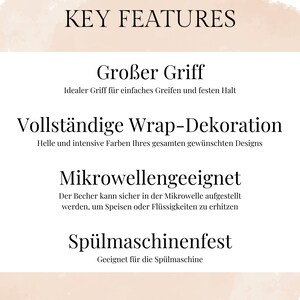 Może przedstawiać: Białe tło ze słowami &bdquo;KEY FEATURES&rdquo; w czarnej, eleganckiej czcionce. Poniżej tekst opisuje cechy produktu: duży uchwyt, pełna dekoracja owijająca, możliwość używania w kuchence mikrofalowej i zmywarce.