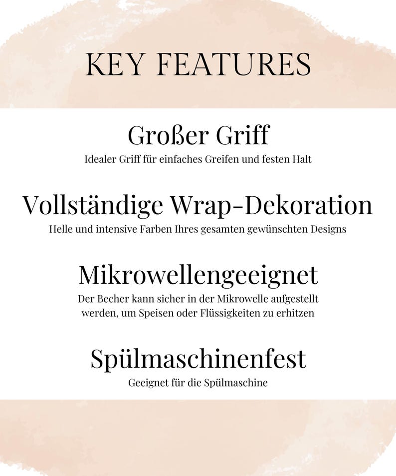 Może przedstawiać: Białe tło ze słowami &bdquo;KEY FEATURES&rdquo; w czarnej, eleganckiej czcionce. Poniżej tekst opisuje cechy produktu: duży uchwyt, pełna dekoracja owijająca, możliwość używania w kuchence mikrofalowej i zmywarce.