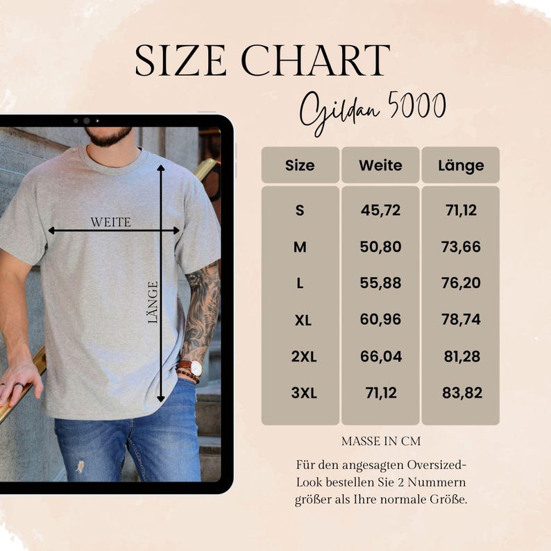 May include: A size chart for Gildan 5000 t-shirts, with measurements in centimetres. Sizes range from S to 3XL. The image shows a person in a grey t-shirt and jeans, with a table detailing chest and length measurements.
