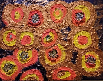 Inner Lights  - Abstract mixed media acrylic painting with beads, molding stucco and bronze, yellow, neon pink and purple acrylic paints